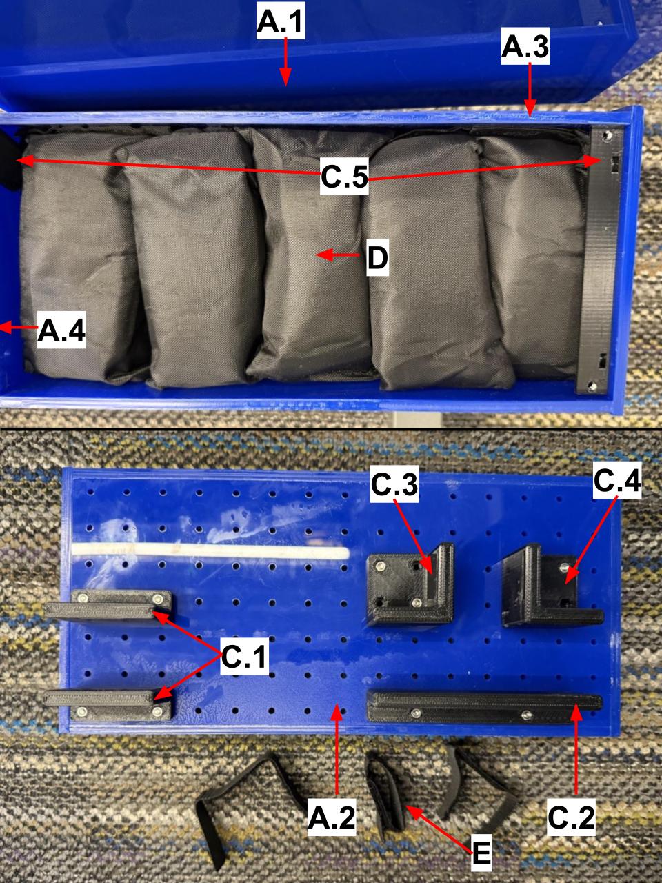 
                    Top: the outside of the counterweight, with labels indicating
                    the different  pieces from the parts list.
                    Bottom: the inside of the counterweight, with labels indicating
                    the different pieces from the parts list.
                    