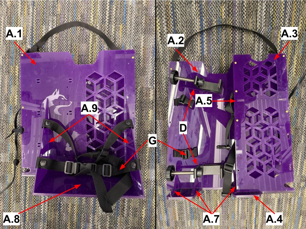 
                    A front and back view of the electronics mount, with labels
                    indicating pieces from the parts list.
                    