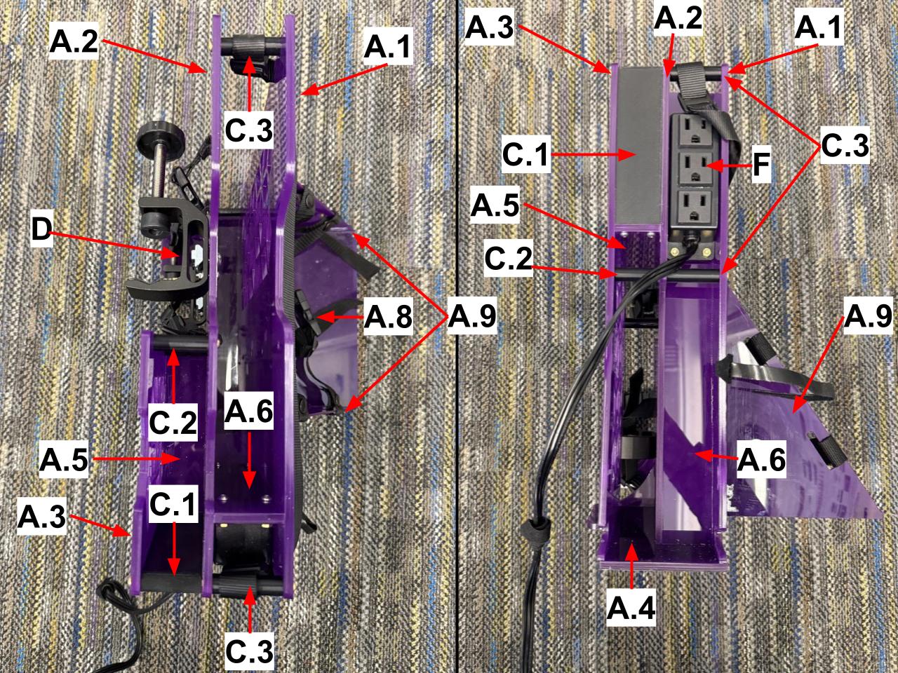 
                    A top and side view of the electronics mount, with labels
                    indicating pieces from the parts list.
                    