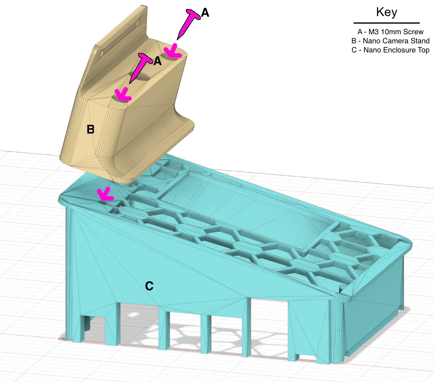 
                    This figure shows the camera stand on top of the enclosure top,
                    towards the back (the side that is inclined up), with two
                    screws pointing through the left and right holes of the camera
                    stand, going down into the enclosure top.
                    