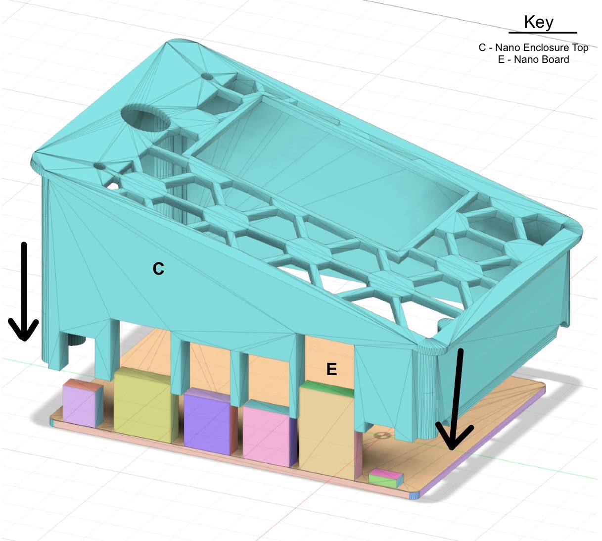 
                    This figure shows the Nano Enclosure Top sliding down onto the
                    Jetson Nano board, with the board's ports sliding into the appropriate
                    slots in the enclosure top.
                    