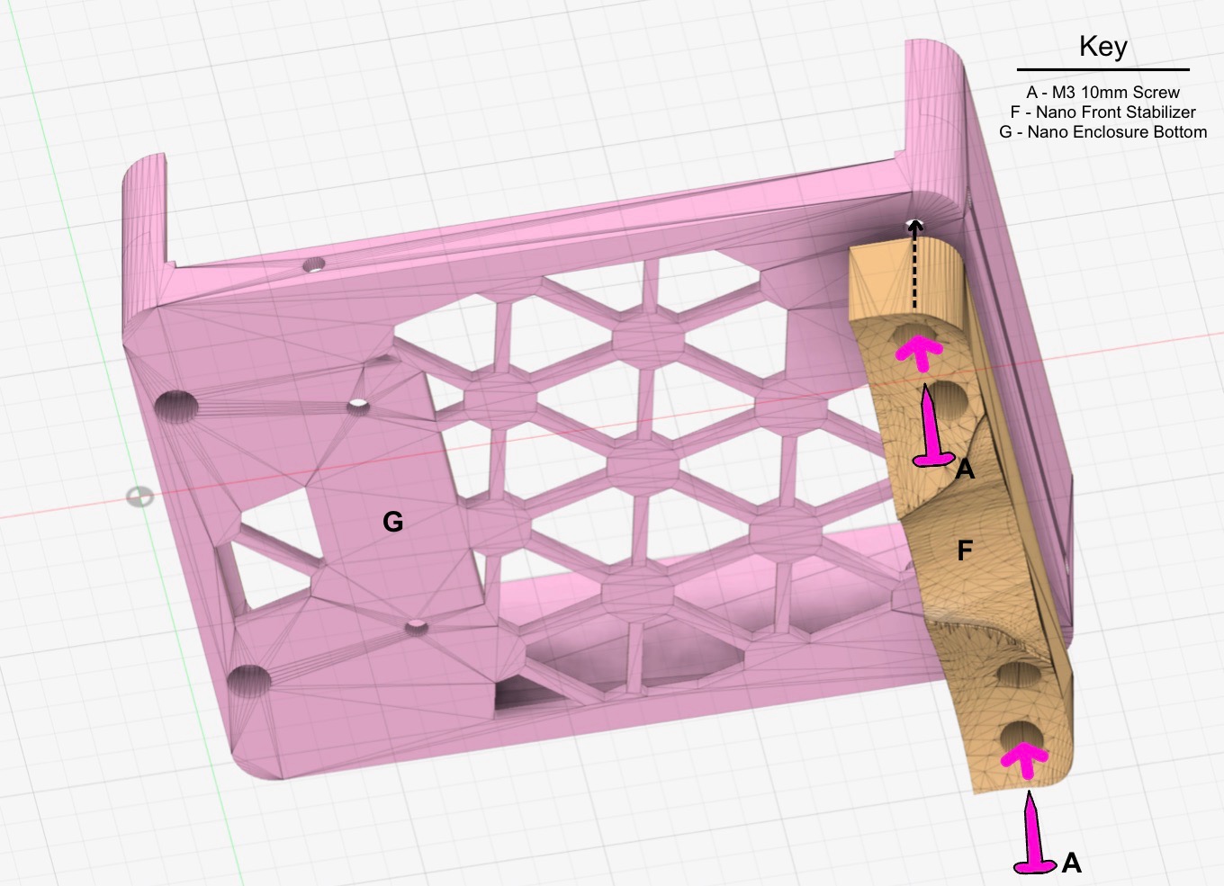 
                    This figure shows a bottom view of the Nano Enclosure Bottom.
                    The Nano Front Stablizer is attached to the bottom, on the side
                    with the opening for the Jetson Nano's ethernet port. Two screws
                    go up from the bottom, screwing the stabilizer into the enclosure
                    bottom.
                    