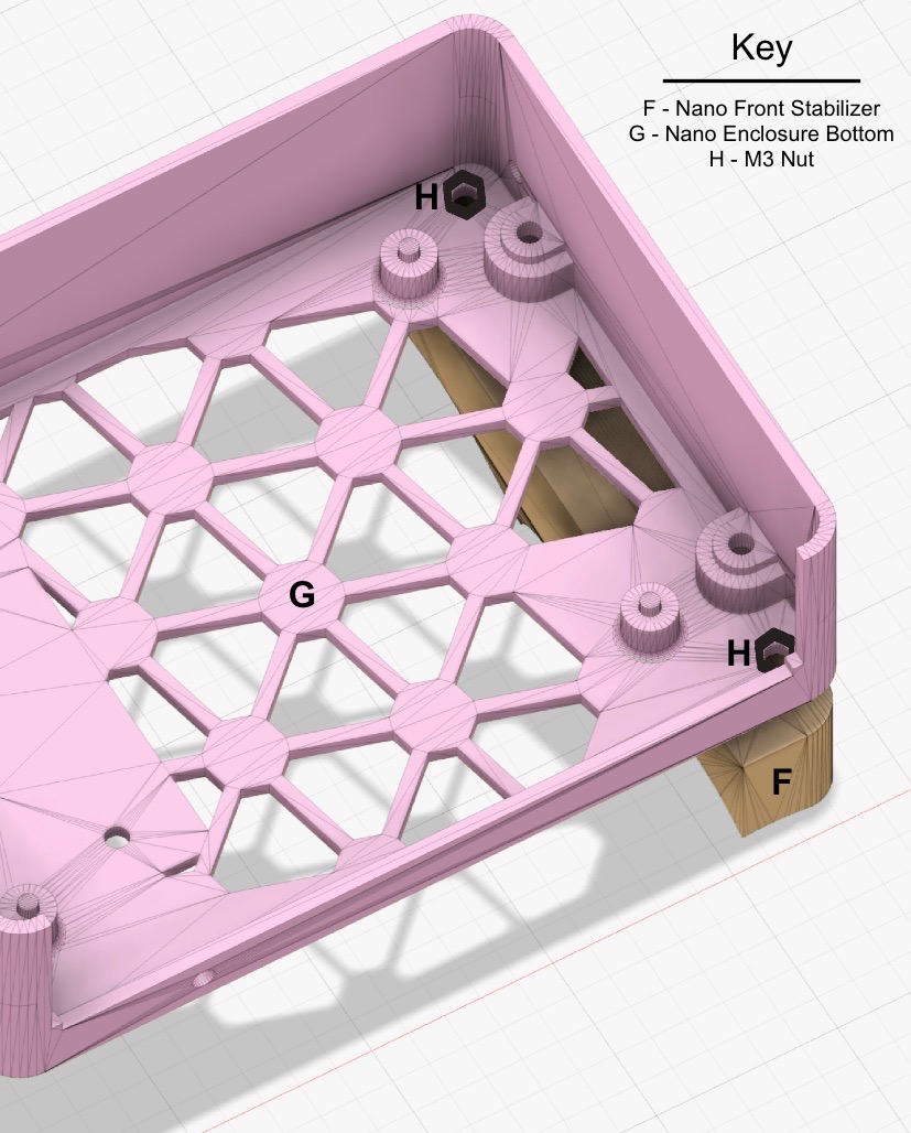 
                    This figure shows the inside of the enclosure bottom, with two
                    nuts corresponding to the screws in the previous image.
                    