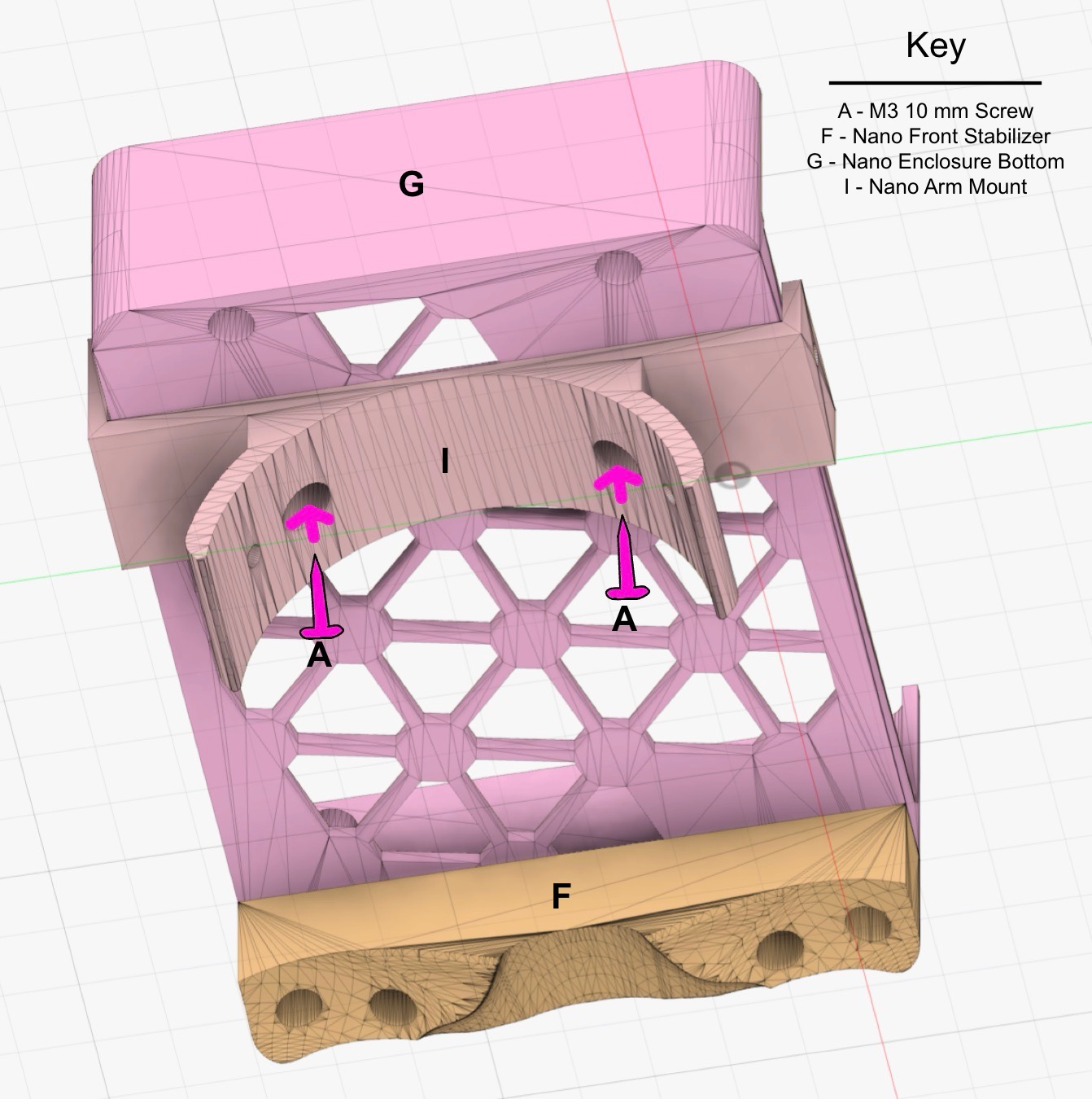 
                    This figure shows a bottom view of the Nano Enclosure Bottom.
                    The Nano Arm Mount is attached to the bottom, on the side
                    opposite the Nano Front Stabilizer. Two screws go up from the
                    bottom through the curved part of the arm mount, screwing the
                    arm mount into the enclosure bottom.
                    