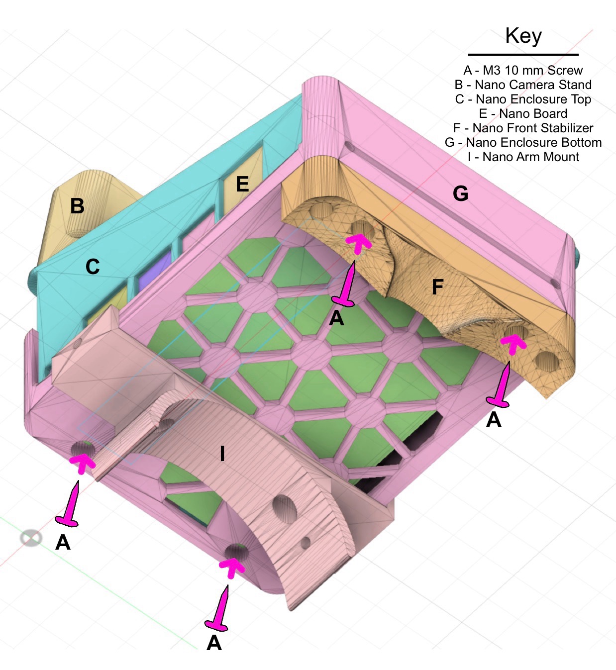 
                    This figure shows a bottom-view of the eye-in-hand system, with
                    four screws going up from the bottom, attaching the enclosure
                    bottom to the enclosure top. Two of the screws go through holes
                    in the front stabilizer, while the other two go through holes on
                    the opposite side of the enclosure bottom, behind the arm mount.
                    