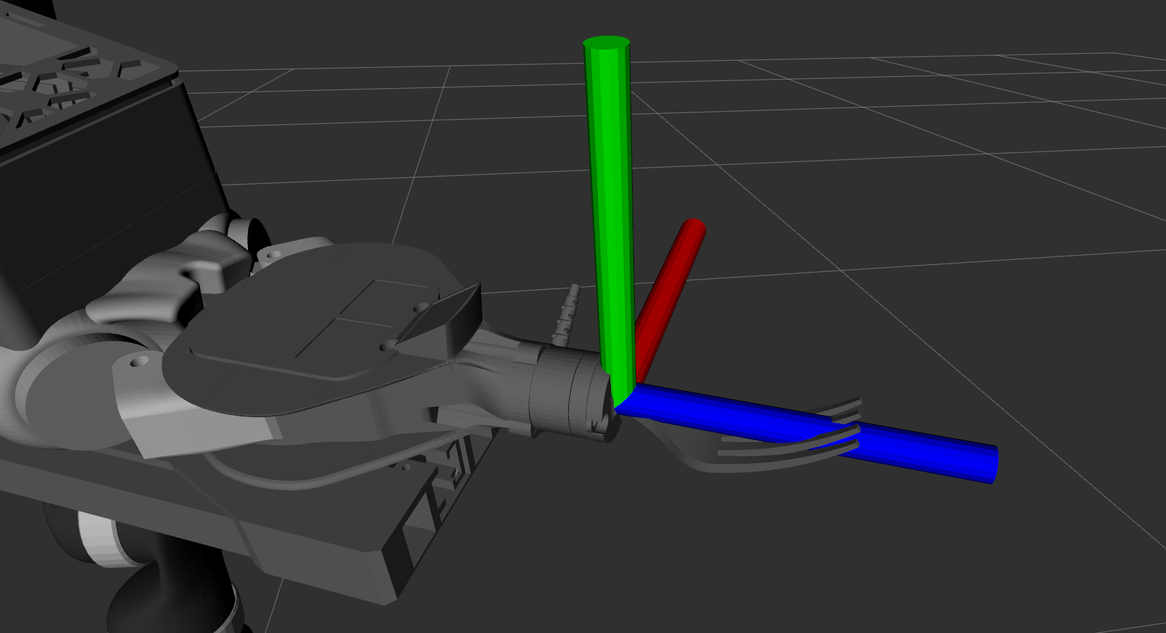 
                    This figure shows a screenshot from RVIZ that shows the F/T
                    sensor's frame-of-reference relative to the fork tip. Specifically,
                    if you're looking down the fork handle to the fork tines, +x
                    goes to your left, +y goes up, and +z goes away from you (from
                    handle top to fork tip).
                    