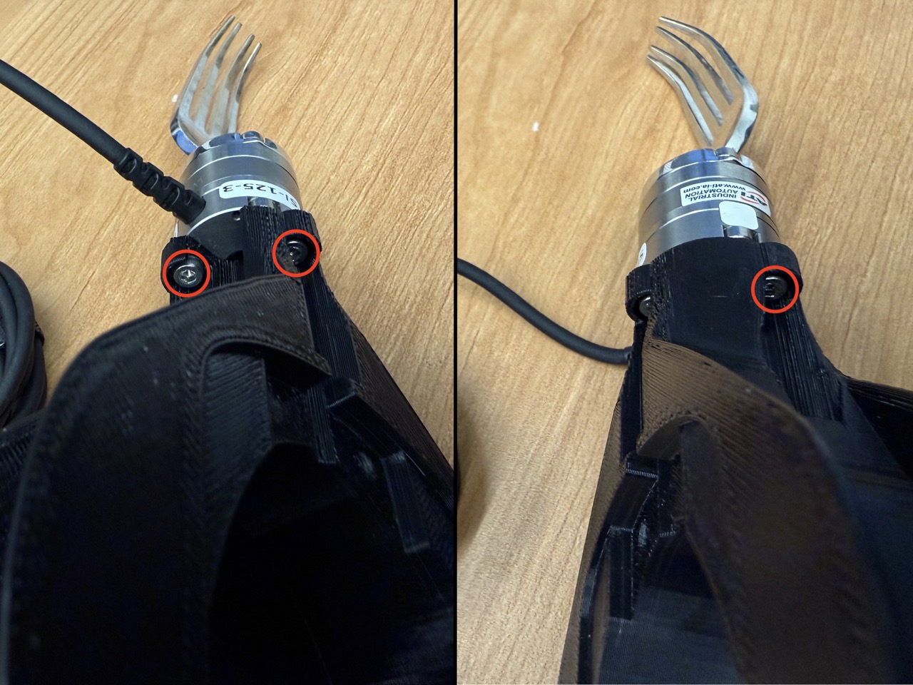 
                    This figure shows two side-top views of the fork handle attached to the
                    F/T sensor. The location of the screws are circled in red.
                    